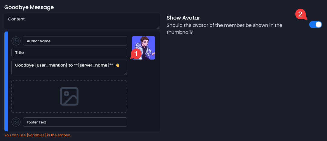 Goodbye Message Setup example